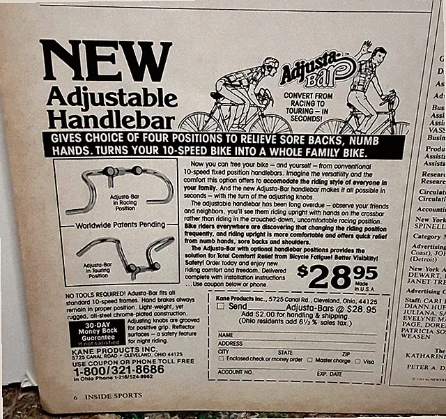 1981 Adjustable Bicycle Handlebar Ad Road Bike Touring Accessory Vintage Print