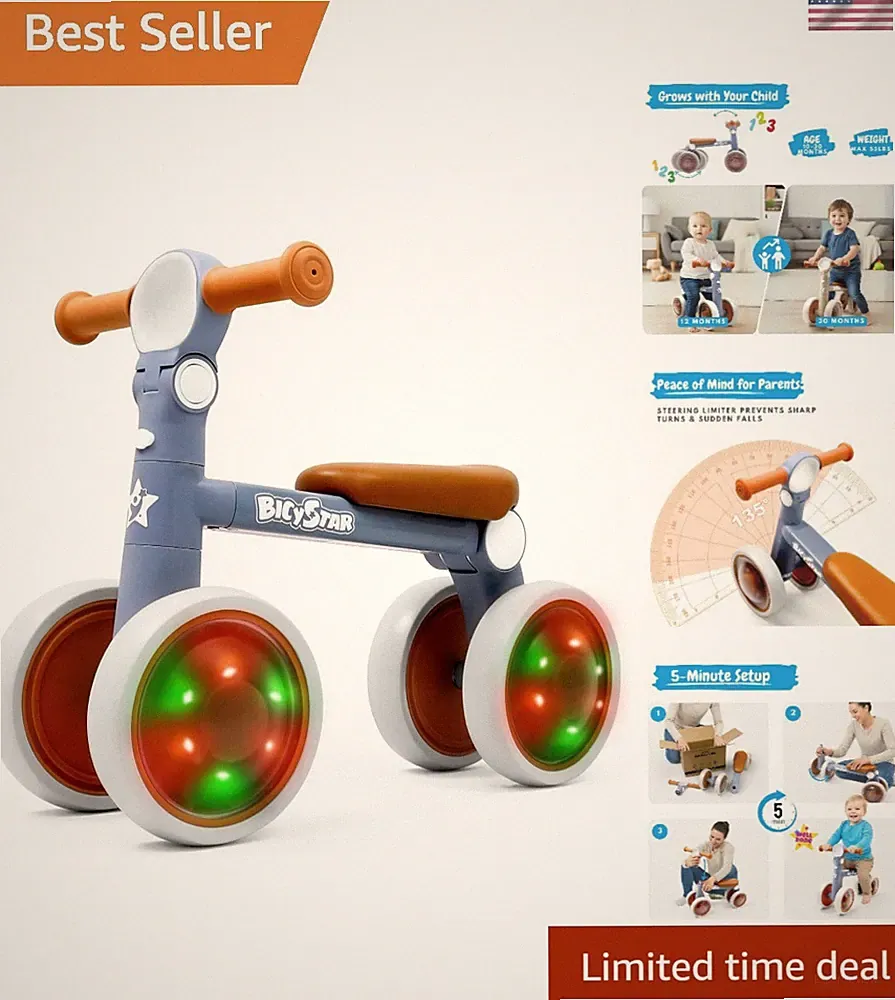 Baby Balance Bike with Adjustable Handlebars, Rear Wheel, Colorful Lighting,...