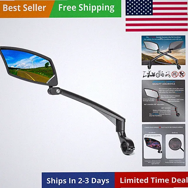 Handlebar Bike Mirror - Crystal Clear HD Glass, 360° Adjustable&Foldable Mirr...